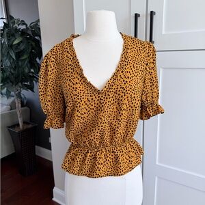Topshop Mustard Animal Print Ruffle Peplum Blouse
